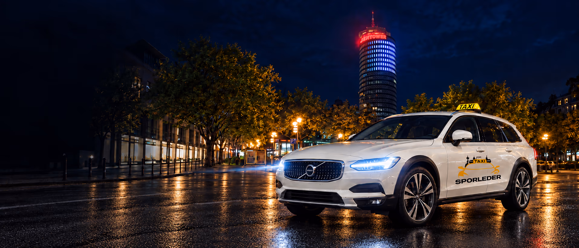 Taxi Sporleder vor dem Jentower in Jena bei Nacht – KI-generiertes und bearbeitetes Motiv